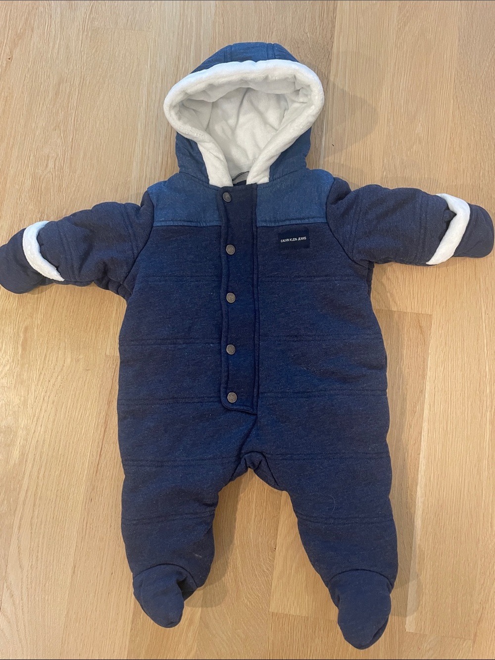 Calvin Klein Navy and White Hooded Infant Footed Snow Suit